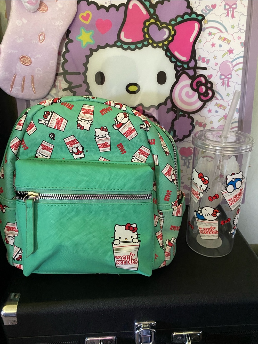 Hello Kitty Mint Green Cup Noodles Mini Backpack && Tumbler💚🖤
